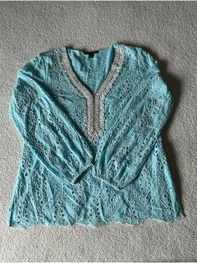 Boston Proper Aqua Eyelet V-Neck Tunic with Embroidered Trim
